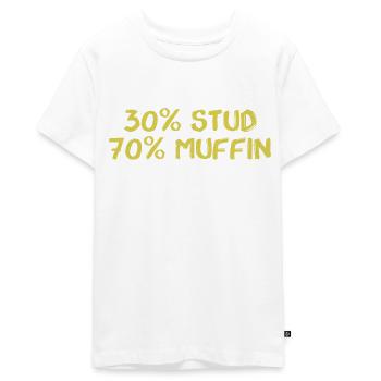 Humorous Charm – 30% Stud 70% Muffin - Teenager Premium Organic T-Shirt - white - Front - AI Model Teenager Male light (155cm)