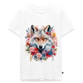 Wolf Wolfskopf Blumen Natur Wildnis Aquarell Kunst - Teenager Premium Bio T-Shirt - Weiß - Vorne - AI Model Teenager Male light (155cm)