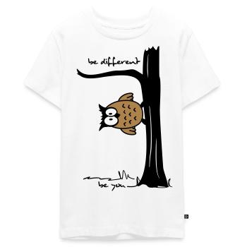 Eule auf Baum "be different, be you" - Teenager Premium Bio T-Shirt - Weiß - Vorne - AI Model Teenager Male light (155cm)