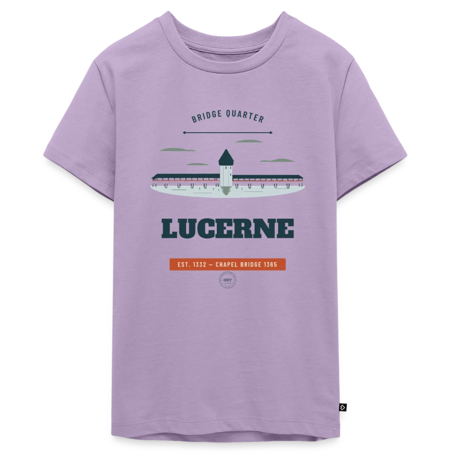 Lucerne badge on a teenager premium organic t-shirt, lavender