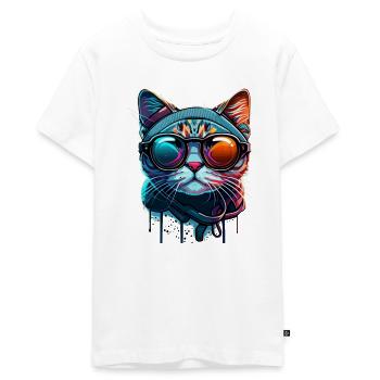 Buntes Katzengesicht mit Sonnenbrille stylish - Teenager Premium Bio T-Shirt - Weiß - Vorne - AI Model Teenager Male light (155cm)