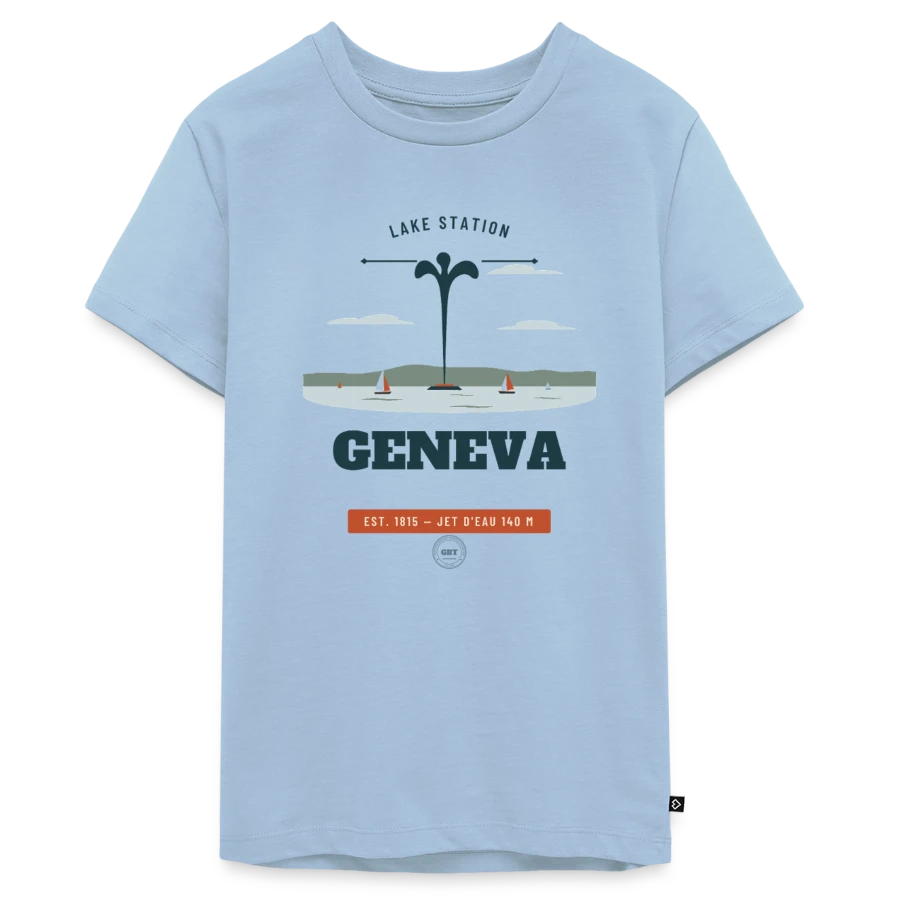 Geneva badge on a teenager premium organic t-shirt, light blue