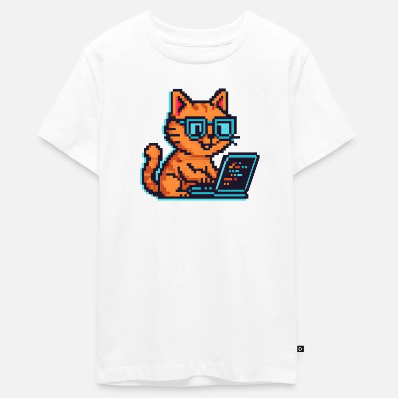 Chats pixel avec ordinateur portable et lunettes - T-shirt Premium bio Ado - blanc