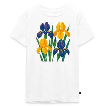 Harmonie d’iris : Fleurs dorées et indigo - T-shirt Premium bio Ado - blanc - Devant - AI Model Teenager Male light (155cm)