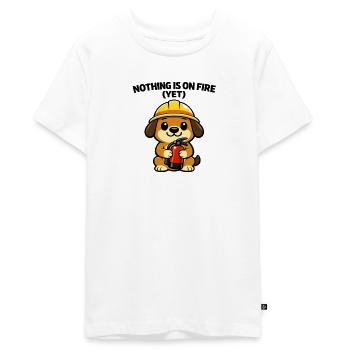 Construction site doggy: Nothing burns (yet) - Teenager Premium Organic T-Shirt - white - Front - AI Model Teenager Male light (155cm)