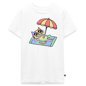 Beach Cat Pop Art Lounge Under Parasol - Teenager Premium Organic T-Shirt - white - Front - AI Model Teenager Male light (155cm)