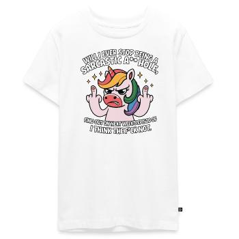 Provokatives Einhorn mit Mittelfinger Sarkasmus - Teenager Premium Bio T-Shirt - Weiß - Vorne - AI Model Teenager Male light (155cm)
