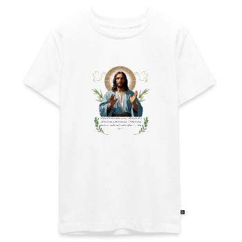 "Serene Jesus - Minimalist Christian Faith T-Shirt - Teenager Premium Organic T-Shirt - white - Front - AI Model Teenager Male light (155cm)
