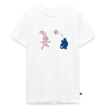 Elefant und Hase spielen Fussball - Teenager Premium Bio T-Shirt - Weiß - Vorne - AI Model Teenager Male light (155cm)