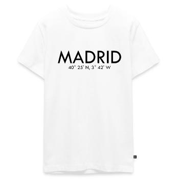 Madrid - Spanje - Coördinaten - Breedtegraad Lengtegraad - Tieners Premium Bio T-shirt - wit - Voor - AI Model Teenager Male light (155cm)