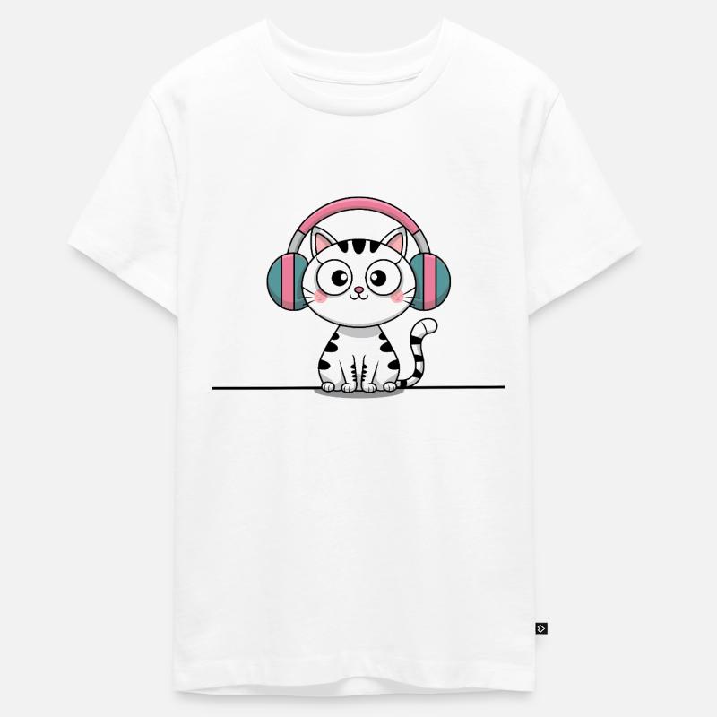 Chat mignon avec des écouteurs Doodle - T-shirt Premium bio Ado - blanc