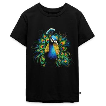 Pfau Pfauenfeder Exotisch Farbenfroh Bunt Kunst - Teenager Premium Bio T-Shirt - Schwarz - Vorne - AI Model Teenager Male light (155cm)