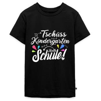 Tschüss Kindergarten - Hallo Schule Spruch - Teenager Premium Bio T-Shirt - Schwarz - Vorne - AI Model Teenager Male light (155cm)