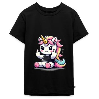Rebellious Unicorn Flipping Off - Teenager Premium Organic T-Shirt - black - Front - AI Model Teenager Male light (155cm)