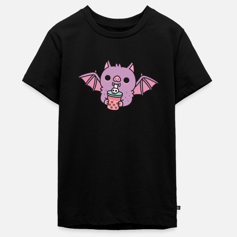 Cute Vampire Bat Drinking Bubble Tea - Teenager Premium Organic T-Shirt - black