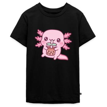 Niedlicher Axolotl Trinken Bubble Tea - Teenager Premium Bio T-Shirt - Schwarz - Vorne - AI Model Teenager Male light (155cm)