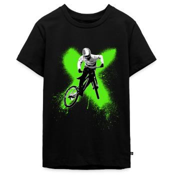 cooler Junge springt mit Mountainbike - Teenager Premium Bio T-Shirt - Schwarz - Vorne - AI Model Teenager Male light (155cm)