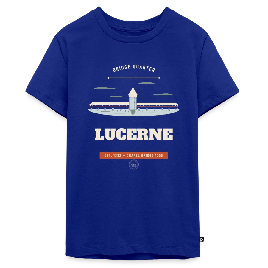 Lucerne badge on a teenager premium organic t-shirt, royal blue