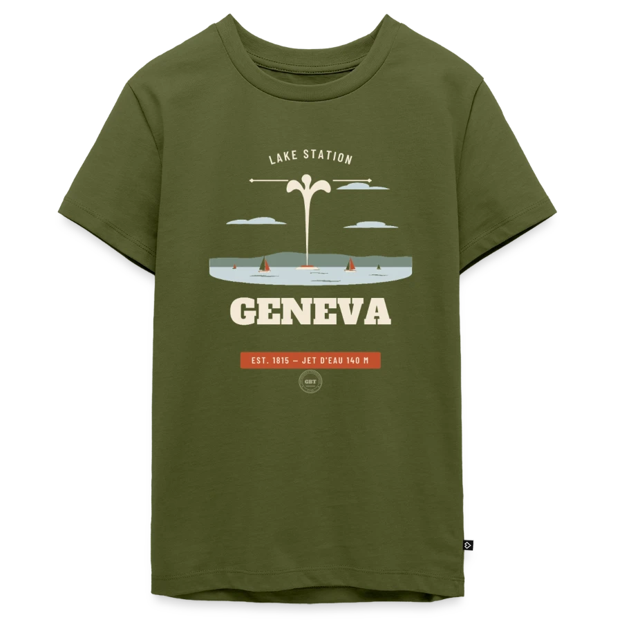 Geneva badge on a teenager premium organic t-shirt, khaki