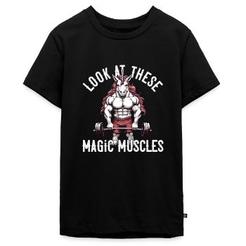 Magic Muscles Einhorn Powerlifting Fun - Teenager Premium Bio T-Shirt - Schwarz - Vorne - AI Model Teenager Male light (155cm)