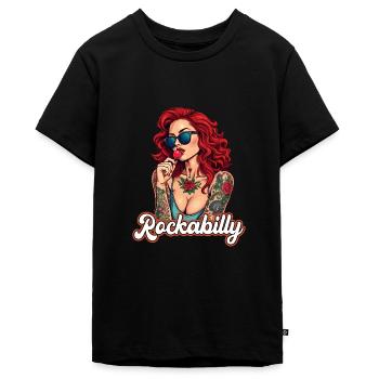 Cool Rockabilly Frau im Syle der 50er - Teenager Premium Bio T-Shirt - Schwarz - Vorne - AI Model Teenager Male light (155cm)