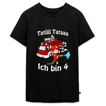 Kind als Feuerwehrmann mit Feuerwehr Auto löscht - Teenager Premium Bio T-Shirt - Schwarz - Vorne - AI Model Teenager Male light (155cm)