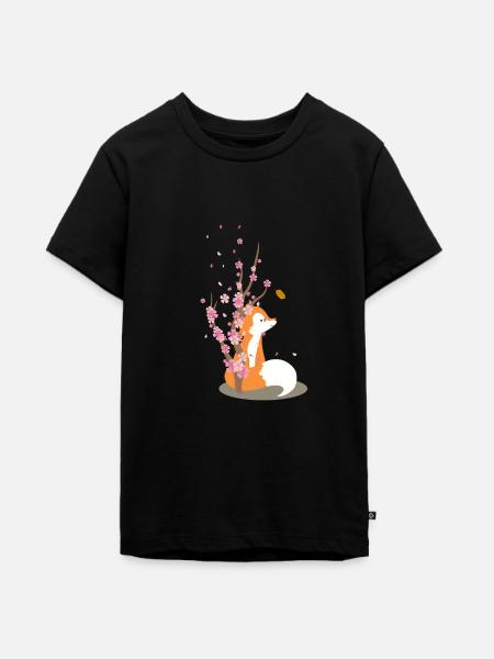 Süßes Kirschblüten Fuchs Motiv - Teenager Premium Bio T-Shirt - Schwarz