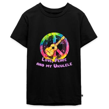 Ukulele Hippie Instrument Gift Peace Love - Teenager Premium Organic T-Shirt - black - Front - AI Model Teenager Male light (155cm)