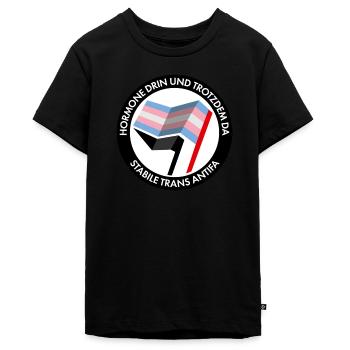 Hormone drin und trotzdm da – stabile trans Antifa - Teenager Premium Bio T-Shirt - Schwarz - Vorne - AI Model Teenager Male light (155cm)