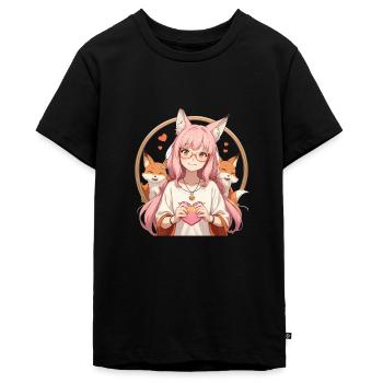 Fox Girl : Charme au Style Anime avec 2 renards - T-shirt Premium bio Ado - noir - Devant - AI Model Teenager Male light (155cm)