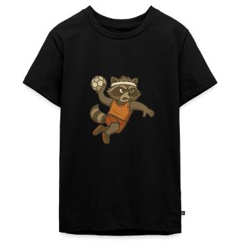Handballspieler Geschenk – Waschbär im Wurf - Teenager Premium Bio T-Shirt - Schwarz - Vorne - AI Model Teenager Male light (155cm)