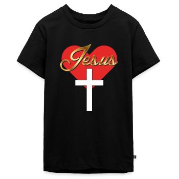 Jesus Goldschrift Herz weißes Kreuz Geschenkidee - Teenager Premium Bio T-Shirt - Schwarz - Vorne - AI Model Teenager Male light (155cm)