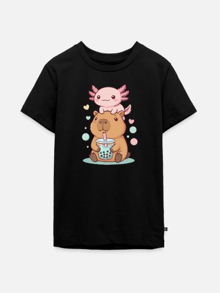 Kawaii Capybara mit Axolotl Bubble Tea - Teenager Premium Bio T-Shirt - Schwarz