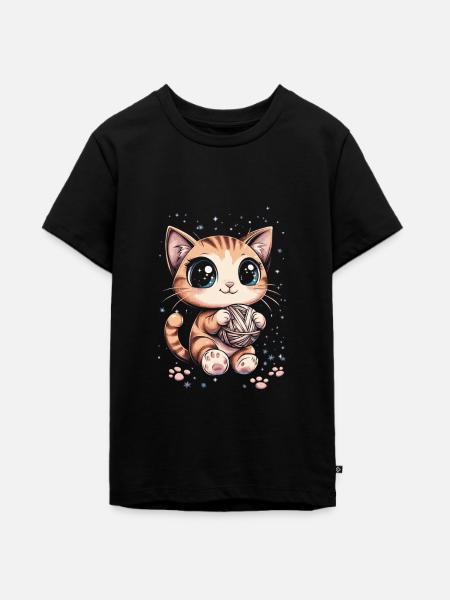 Süße Katze mit Wollknäuel - Teenager Premium Bio T-Shirt - Schwarz