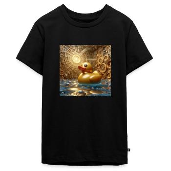 Bath Duck in Gold in Risograph Hyperrealism - Teenager Premium Organic T-Shirt - black - Front - AI Model Teenager Male light (155cm)