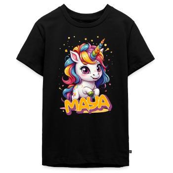 MAYA - Schöner Mädchen Name mit süßem Einhorn - Teenager Premium Bio T-Shirt - Schwarz - Vorne - AI Model Teenager Male light (155cm)