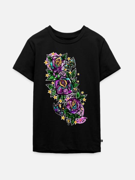 Rose/Noten/Schmetterlinge - Teenager Premium Bio T-Shirt - Schwarz