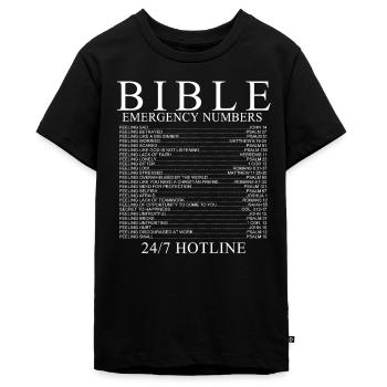 Bible Emergency Numbers Shirt - Teenager Premium Bio T-Shirt - Schwarz - Vorne - AI Model Teenager Male light (155cm)