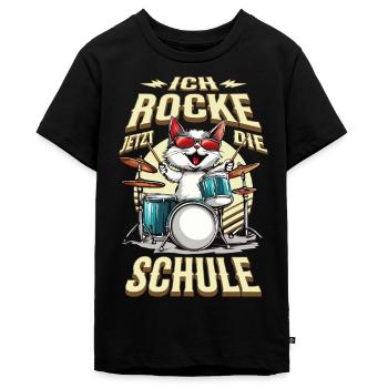 Schulkind Einschulung Katze Schlagzeug Rock Musik - Teenager Premium Bio T-Shirt - Schwarz - Vorne - AI Model Teenager Male light (155cm)