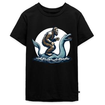 Bigfoot Sasquatch Riding The Loch Ness Monster - Teenager Premium Organic T-Shirt - black - Front - AI Model Teenager Male light (155cm)