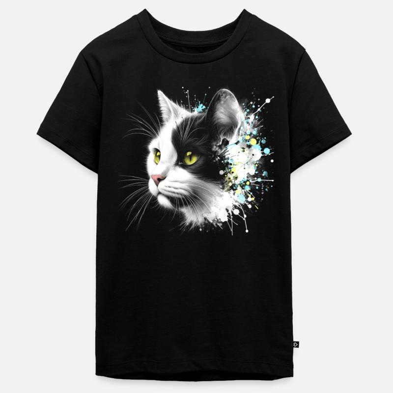 Tête de chat cool avec des éclaboussures de peinture colorées - T-shirt Premium bio Ado - noir