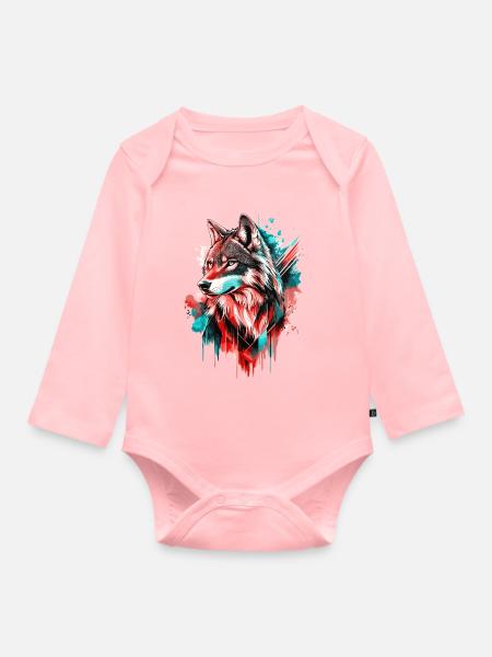 Wolf Wolfskopf Raubtier Wald Natur Wildnis Bunt - Baby Bio-Langarm-Body - Rosa