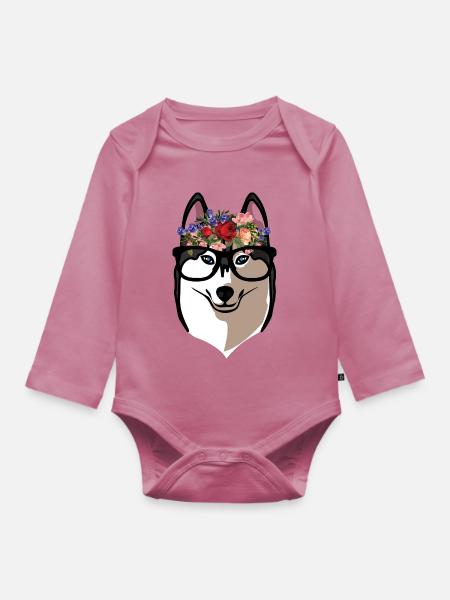 Süßer Sibirischer Husky-Blumenkranz-Hund-Mutter-Liebhaber - Baby Bio-Langarm-Body - Mauve