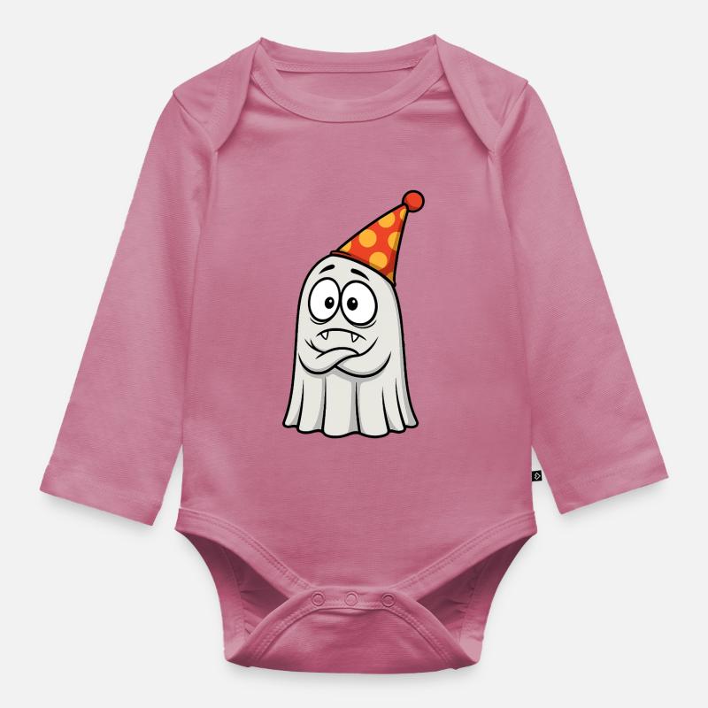 Grumpy Ghost with Party Hat - Organic Longsleeve Baby Bodysuit - mauve
