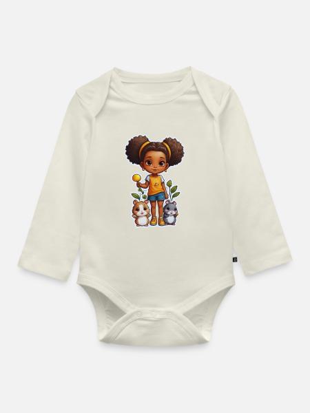 Niedliches Mädchen mit Hamstern und Blumen - Baby Bio-Langarm-Body - Naturweiß