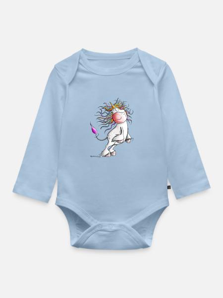 Drolliges Regenbogen Einhorn I Comic Fantasy - Baby Bio-Langarm-Body - Hellblau