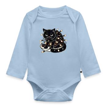 Grumpy Christmas Cat. Meow but please without tinsel - Organic Longsleeve Baby Bodysuit - light blue - Front