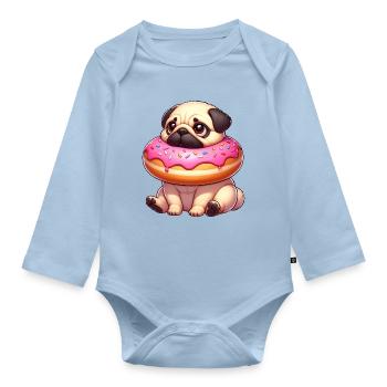 Süßer Mops Hund mit Donut Naschen Nachtisch - Baby Bio-Langarm-Body - Hellblau - Vorne