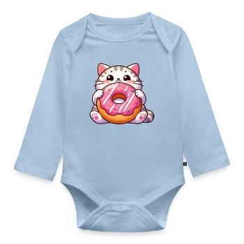 Süße Katze mit Donut Nachtisch Naschkatze - Baby Bio-Langarm-Body - Hellblau - Vorne