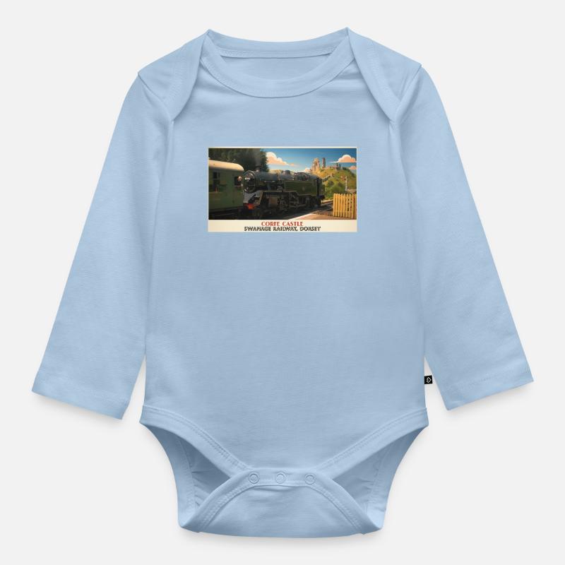Affiche du train à vapeur du château de Corfe - Body Bébé bio manches longues - bleu clair